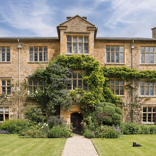 Ebrington Manor David Pearson Travel A large stone manor house covered in ivy and climbing plants graces the Home Page, its tall windows gleaming above neatly trimmed lawns and gardens. A black cat sits on the grass near the central doorway, completing this welcoming scene. David Pearson Travel